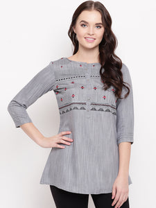 Queen ellie Women Grey & Black Embroidered A-Line Kurti