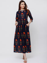 Load image into Gallery viewer, Queen ellie Women Navy Blue Floral Printed Ethnic Maxi Dress
