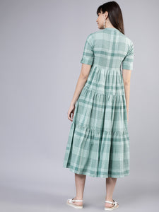 Queen ellie Women Green Checked Fit and Flare Dress