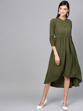 Load image into Gallery viewer, Queen ellie Women Olive Green Solid A-Line Dress
