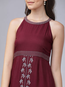 Queen ellie Women Maroon Embroidered A-Line Dress