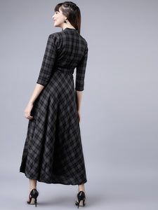 Queen ellie Women Grey & Black Checked Empire Dress