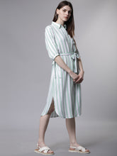 Load image into Gallery viewer, Queen ellie Women Green &amp; White Striped Shirt Dress
