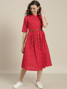 Queen ellie Women Red & White Printed A-Line Dress