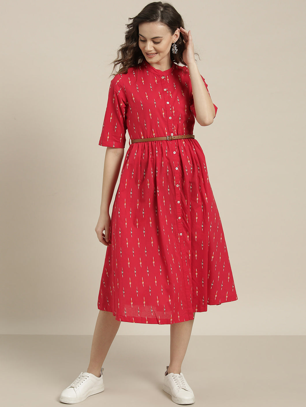 Queen ellie Women Red & White Printed A-Line Dress