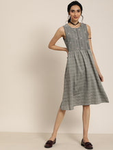 Load image into Gallery viewer, Queen ellie Women Grey &amp; White Lambani Checked A-Line Dress With Embroidered Detail
