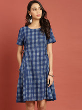 Load image into Gallery viewer, Queen ellie Women Blue &amp; White Indigo Hand Block Print A-Line Dress with Tie-Up Detail
