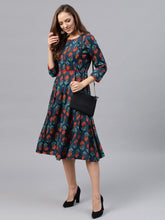 Load image into Gallery viewer, Queen ellie Women Teal Blue Printed Fit &amp; Flare Dress
